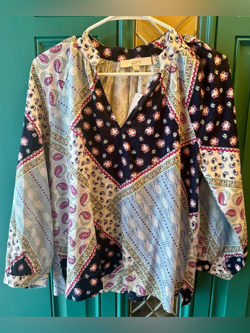 NWT Loft Linen Blend Mixed Patchwork Blouse Sz Small Navy Blue Boho